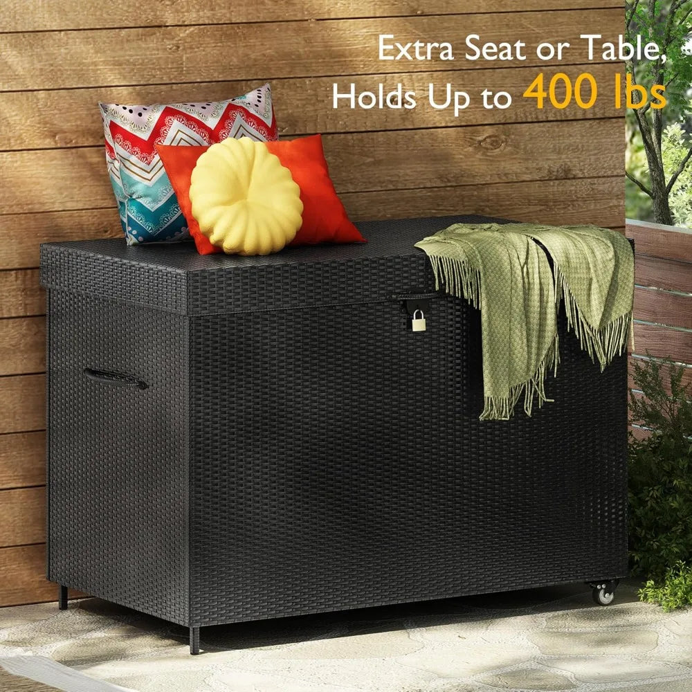 230 Gallon Outdoor Storage Box with Wheels Patio Wicker Deck Box for Furniture Cushions and Garden Tools