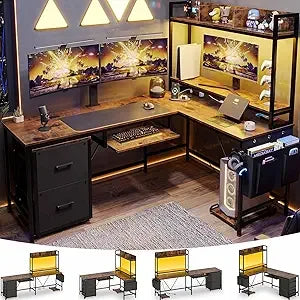 L Shaped Gaming Desk With Keyboard Tray And Power Outlet
