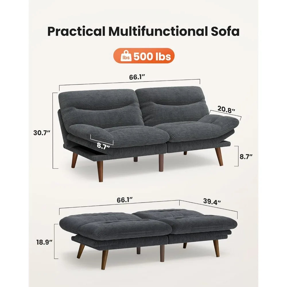Convertible Futon Sofa Bed,66″ Grey Futon with Adjustable Backrest & Armrests,Folding Sleeper Recliner for Small Spaces, Play R