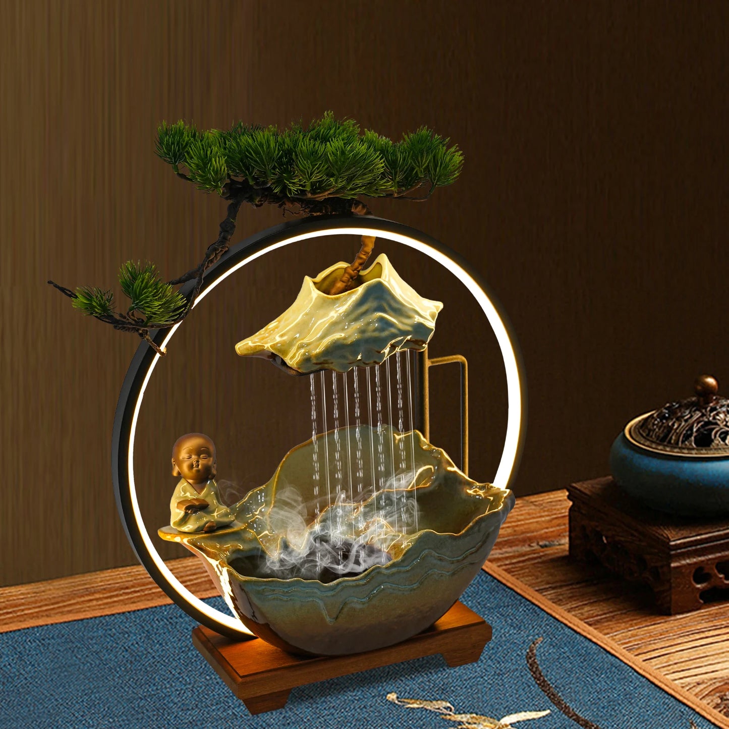 Modern Ceramic & Wood Tabletop Water Fountain for Meditation & Tea Room - Zen Desktop Water Feature, Calming Decorative Fountain