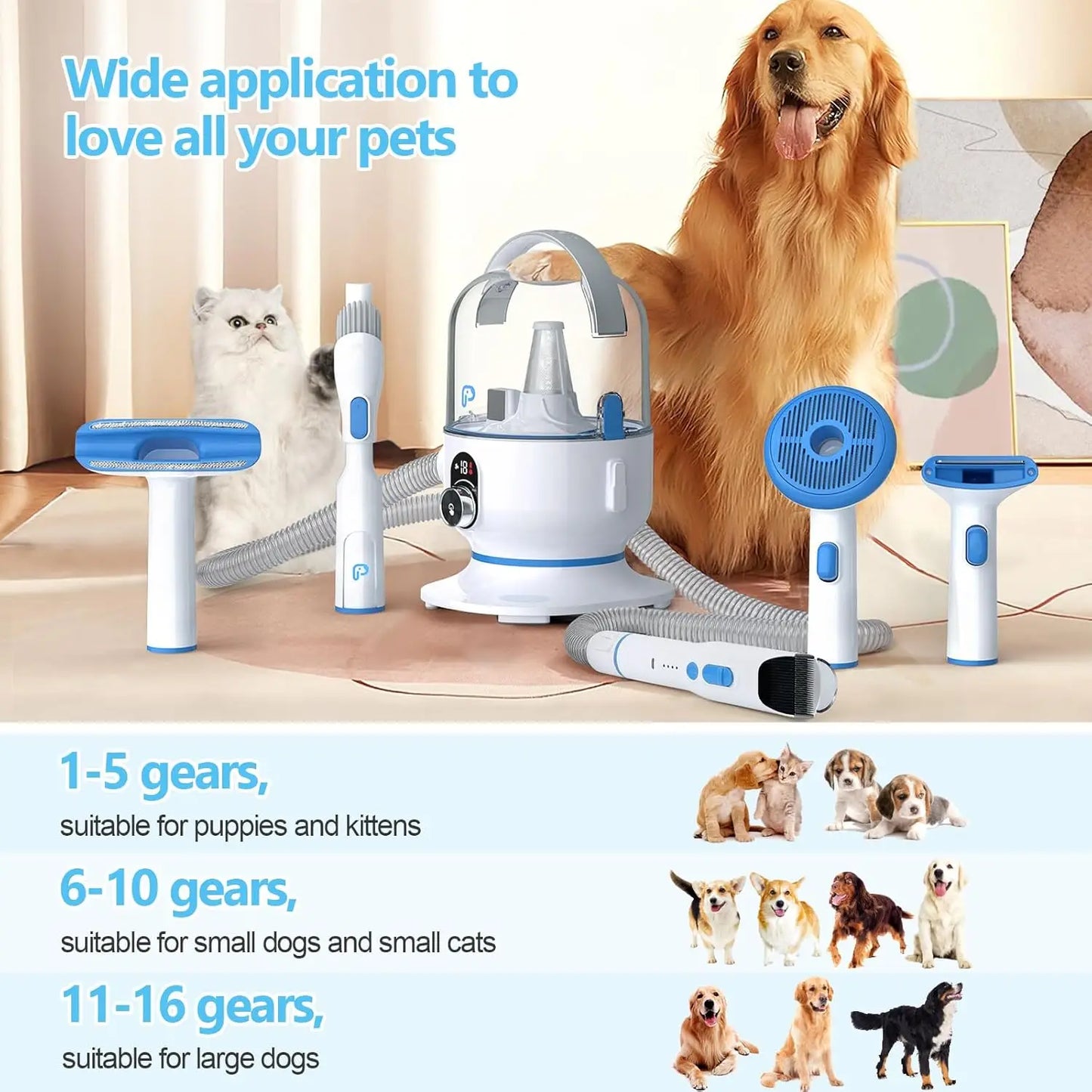 Pet Grooming Vacuum Kit 5 in 1 High Power Grooming Kit with 2.0L Dust Cup for Shedding Dogs and Cats Low Noise Hair Remover