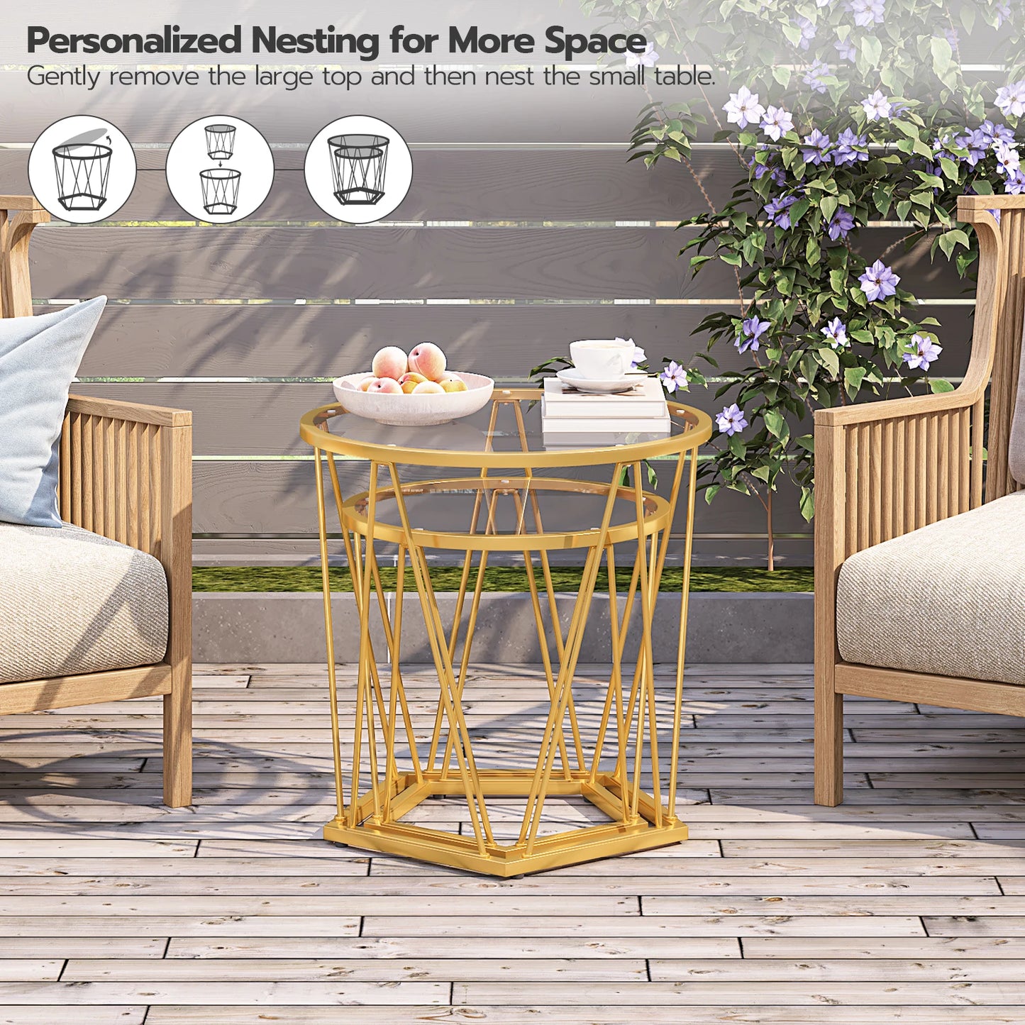 HOOBRO Round Glass Top Coffee Tables Set Of 2 Gold Frame