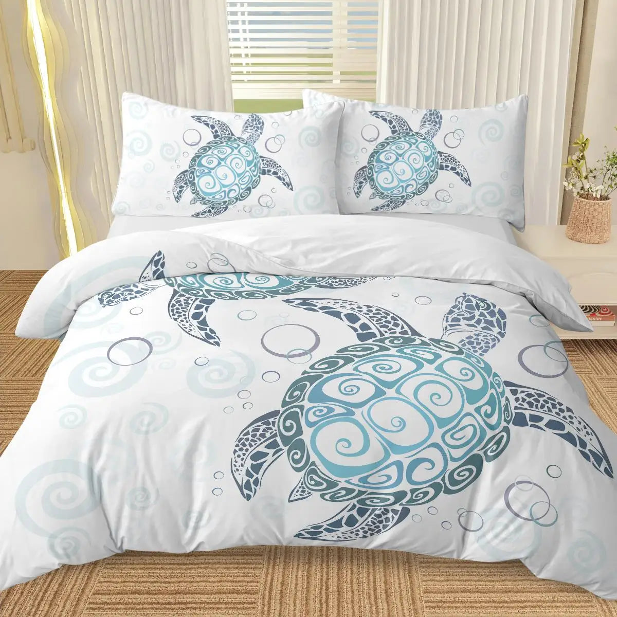 Aqua Teal Sea Bedding Set - 3-Piece Twin Duvet Cover with Pillowcases - Ocean Beach Theme