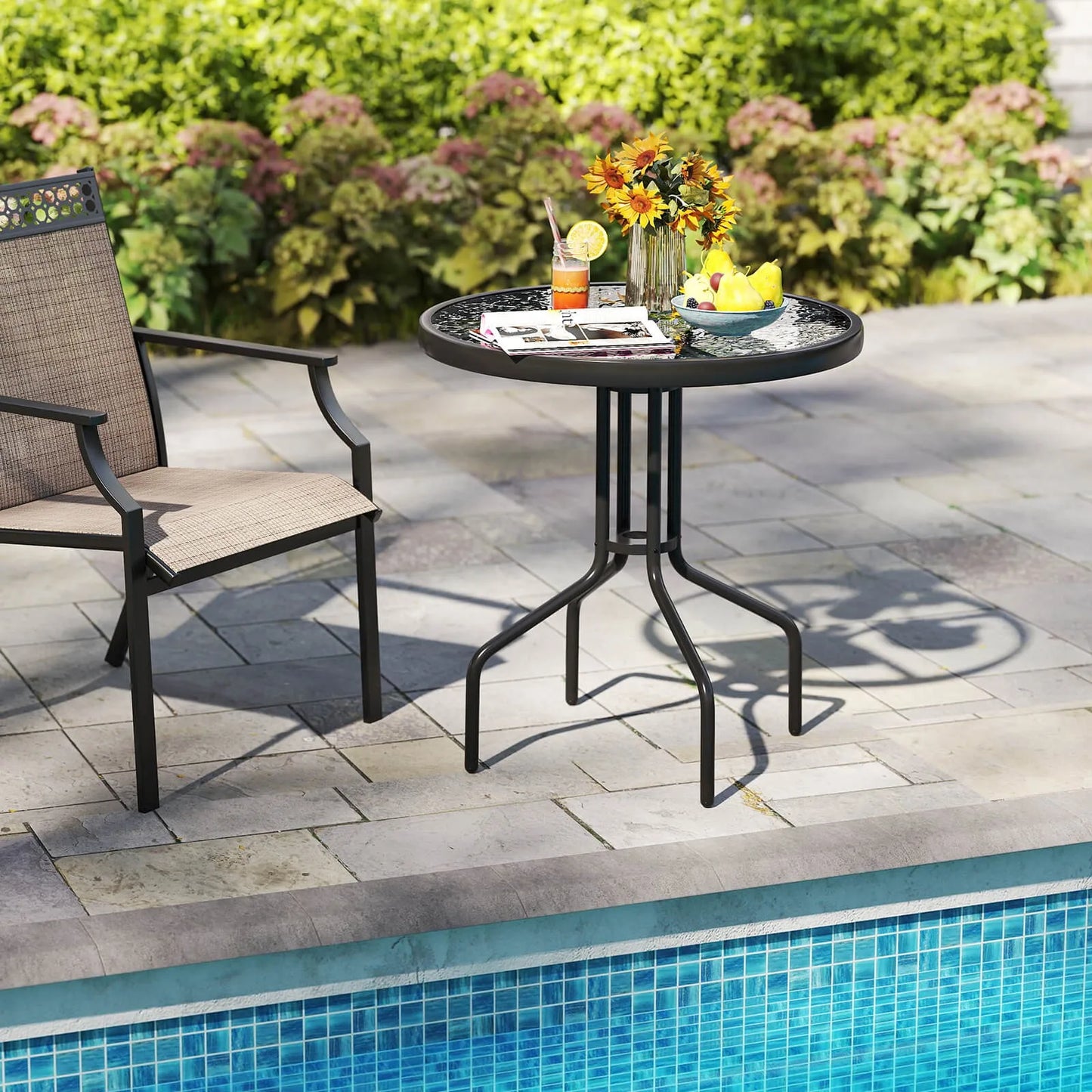 27.5" Patio Bistro Table with Tempered Glass Tabletop 1.57" Umbrella Hole