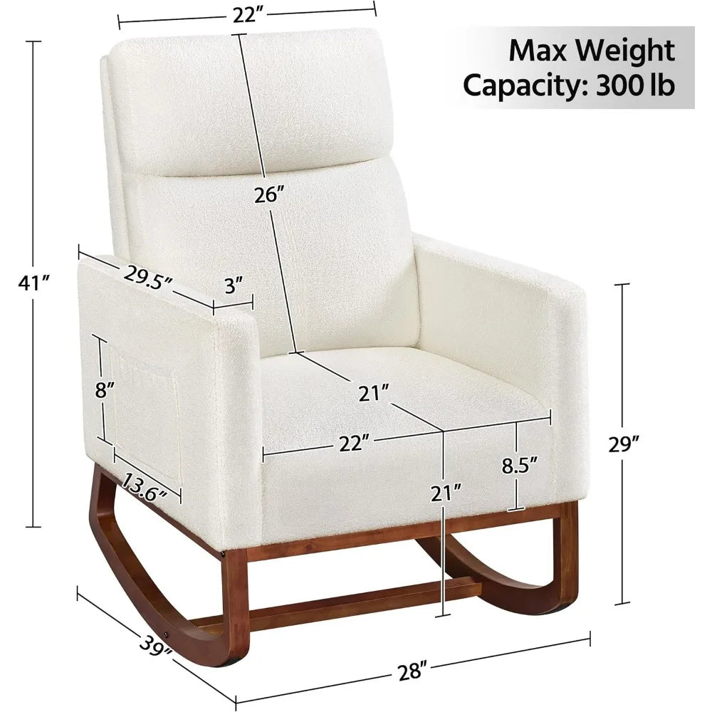 Ivory Boucle Rocking Chair With High Back And Side Pocket