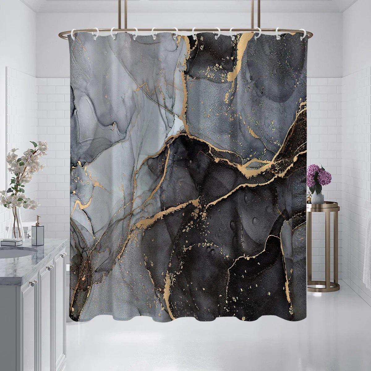 Black Marble Pattern Shower Curtain 180x180cm Mold Resistant