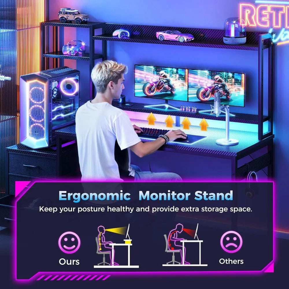 48 Inch Gaming Desk With Hutch USB Ports LED Lights