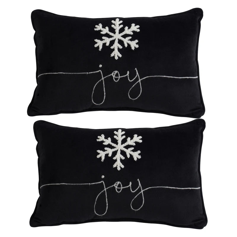 Set of 2, 18x12 Black Velvet Pillow With Embroidered Joy And Frosty Snowflake, for Christmas Halloween Holiday Decor