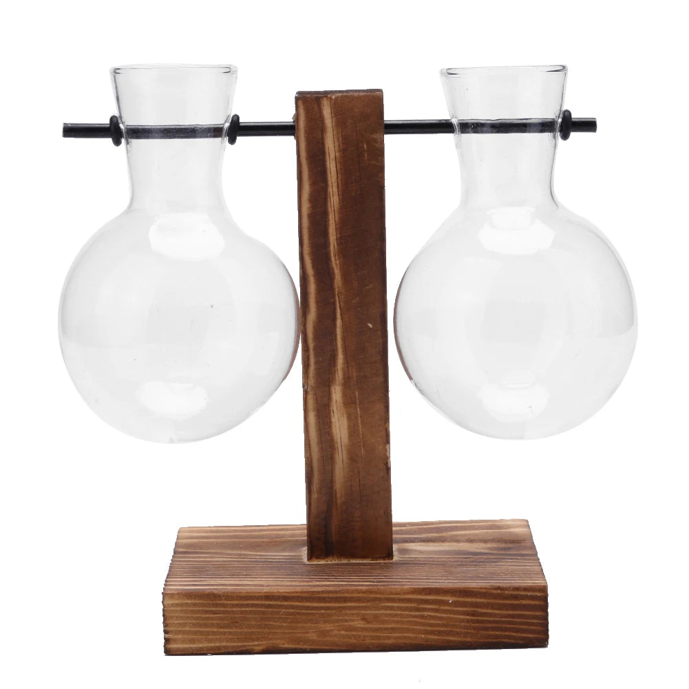 Plant Terrarium with Wooden Stand Hydroponic Planter Bulb Glass Bonsai Flower Pot for Indoor Office Desk Decor Accessories