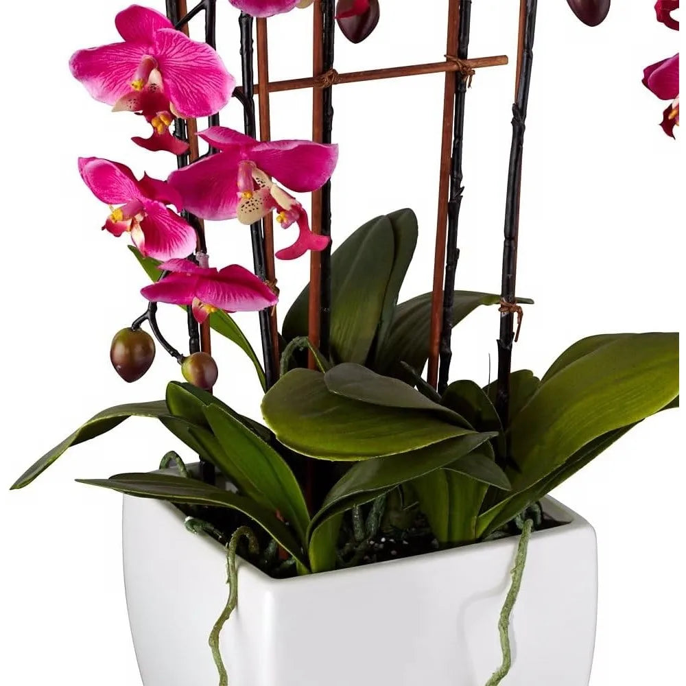 Potted Silk Faux Artificial Flowers Arrangements Realistic Purple Fuchsia Orchid in White Ceramic Pot for Home Decoration Living
