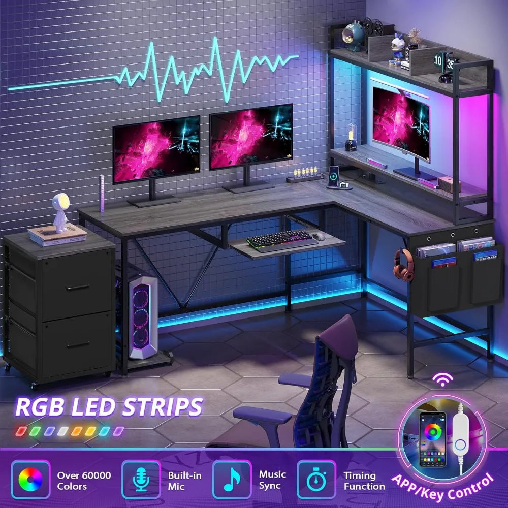 L Shaped Gaming Desk With Keyboard Tray And Power Outlet