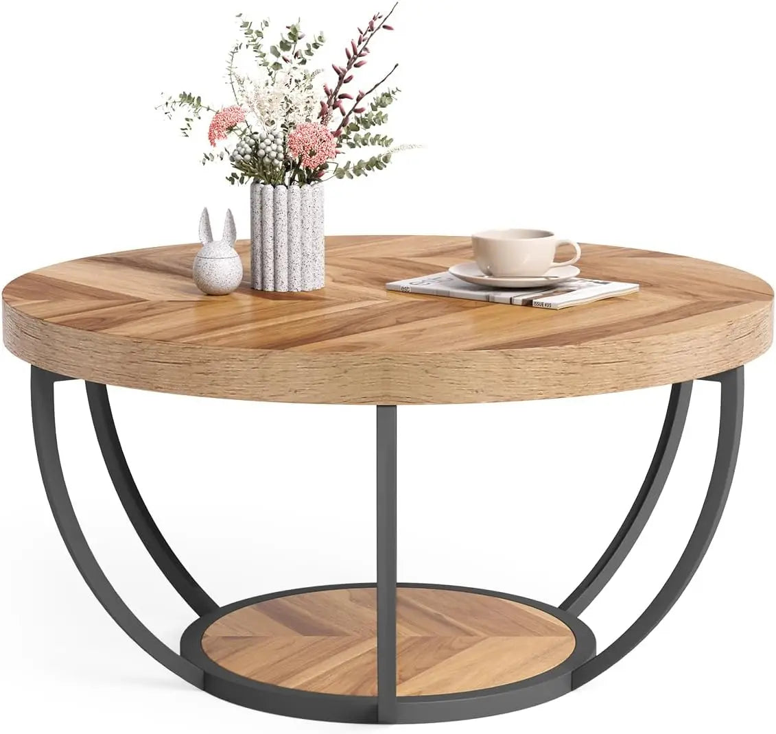 32 Inch Circle Marble Coffee Table Two Tier Golden Legs