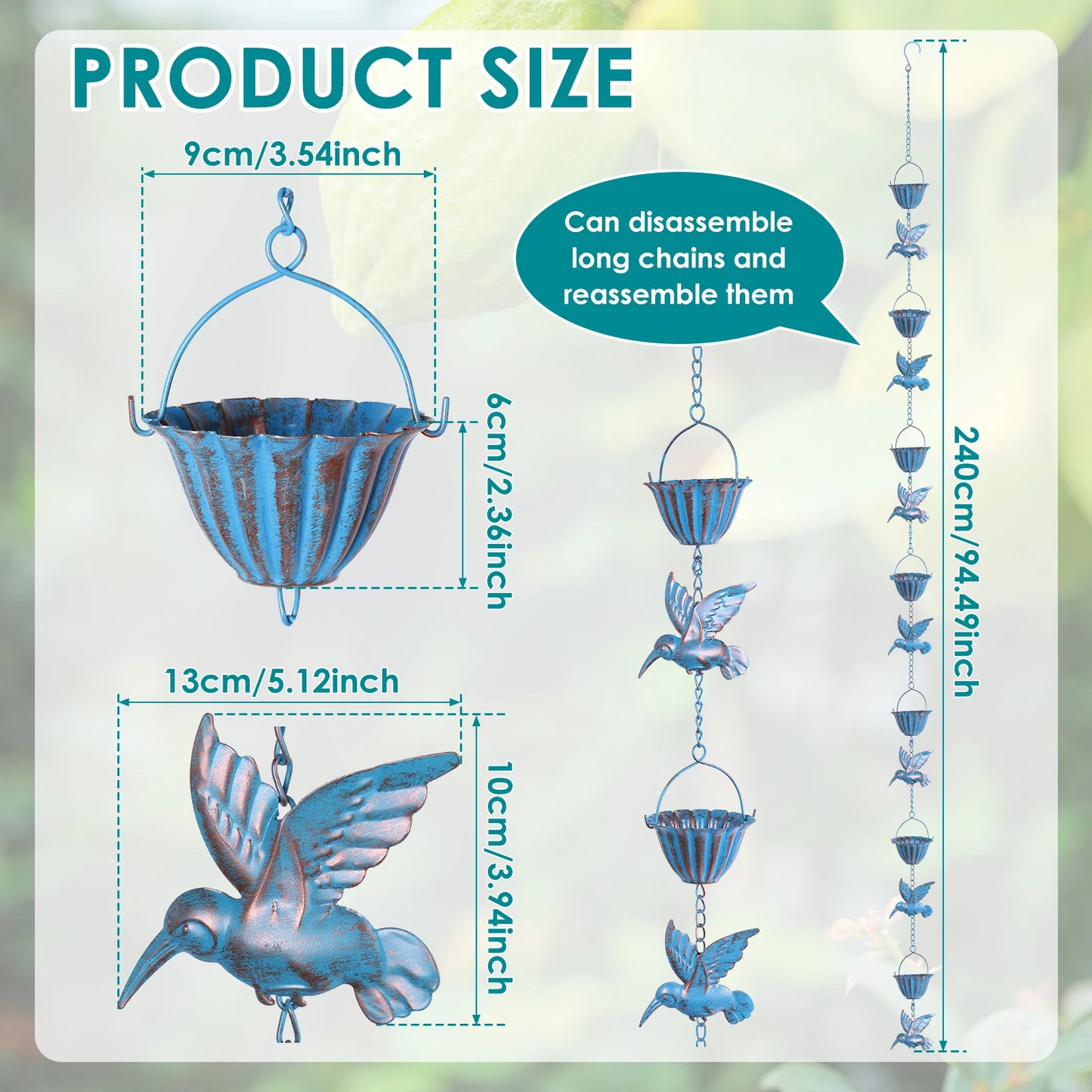Rain Chain Hummingbird and Cup Shaped Rain Catcher Chain Metal Outdoor Garden Decoration Functional Replacement for Downspout