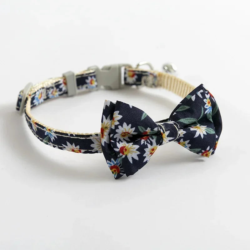 Dog Pink Cat Blue Neck Collar Bowknot Tie Print Cotton Fabric Sunflower Small Pet Daisy Bow