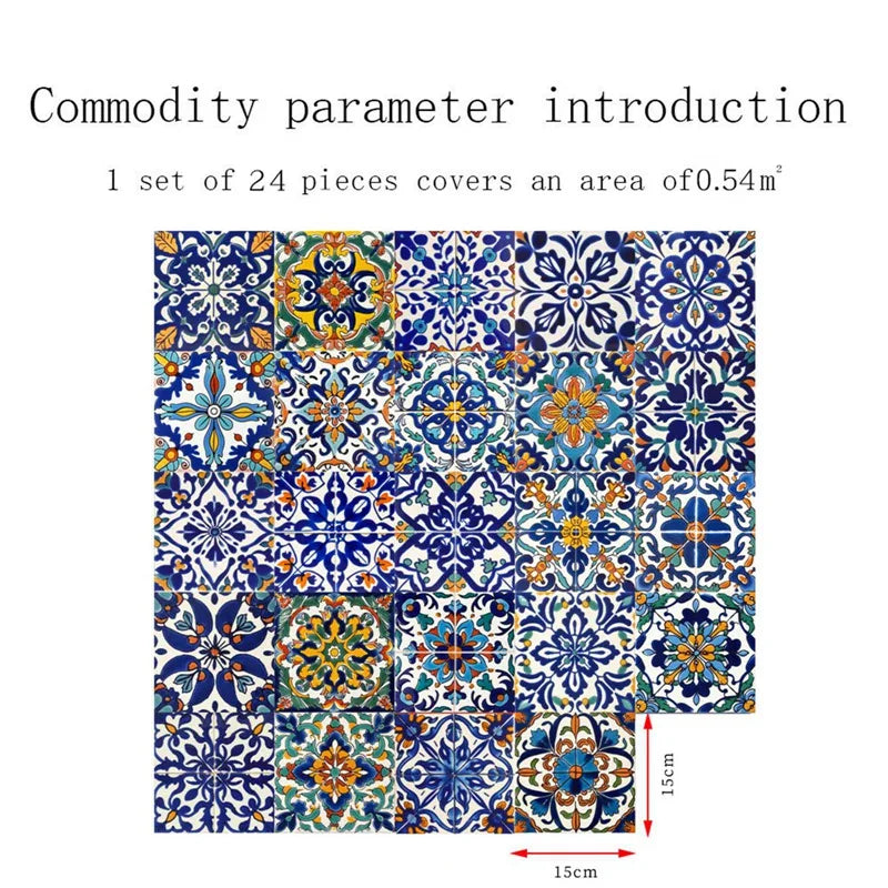 24PCS Moroccan Style Tile Sticker Traditional DIY Murals Tile Waterproof Oil Proof Removable Decals Bathroom Kitchen Backsplash