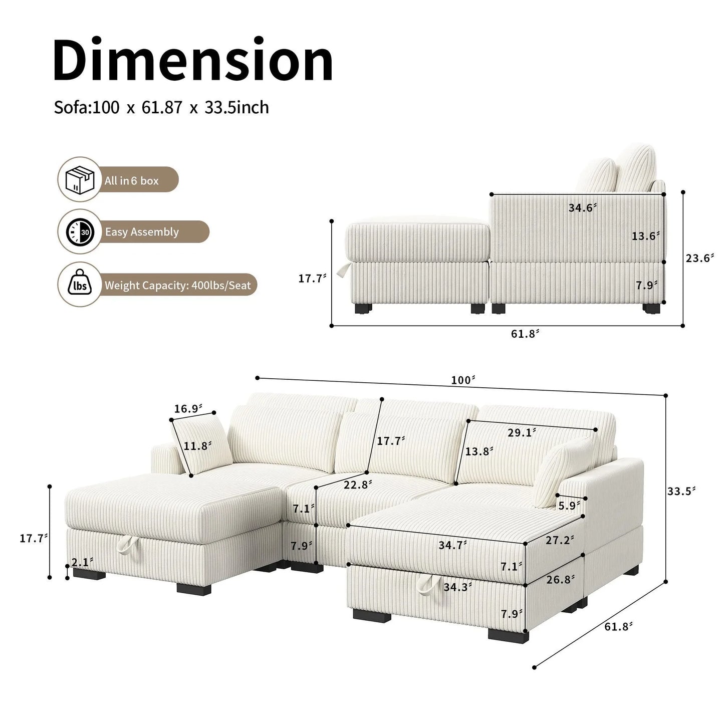 Corduroy Modular Sectional Sofa Cloud Couch 2 To 4 Seater