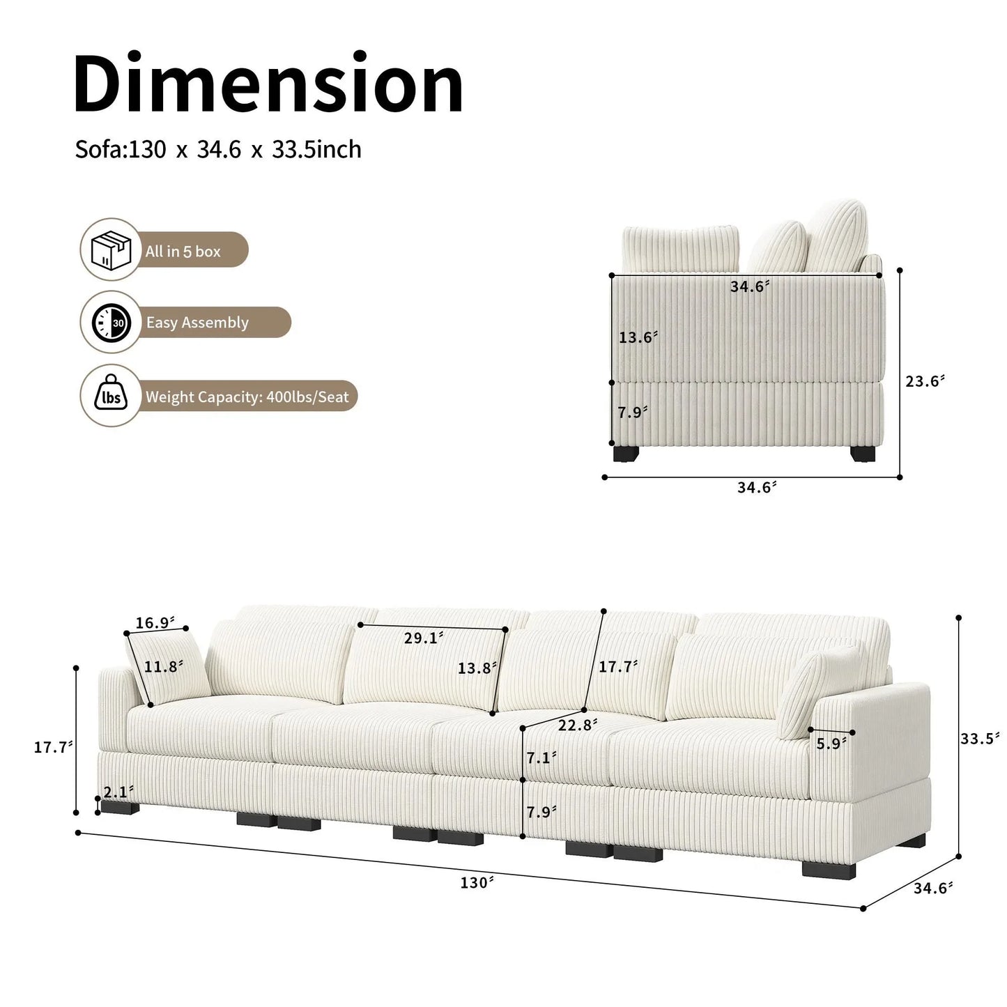 Corduroy Modular Sectional Sofa Cloud Couch 2 To 4 Seater