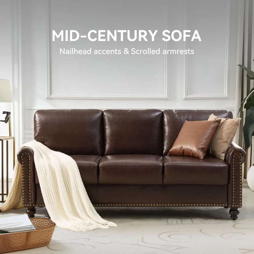 80" Faux Leather Sofa with Storage, Mid-Century Modern Rolled Arm Couches for Living Room Furniture, Easy Tool-Free Assembly