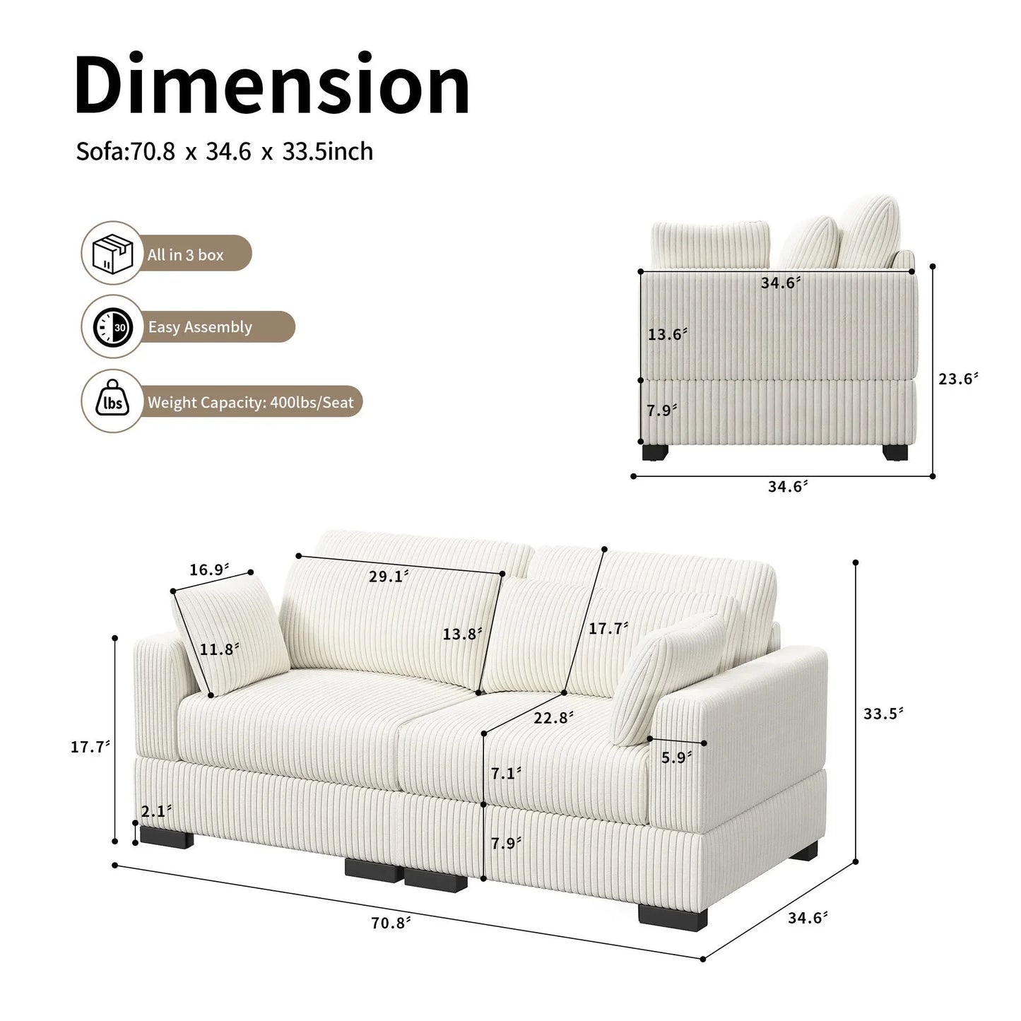 Corduroy Modular Sectional Sofa Cloud Couch 2 To 4 Seater