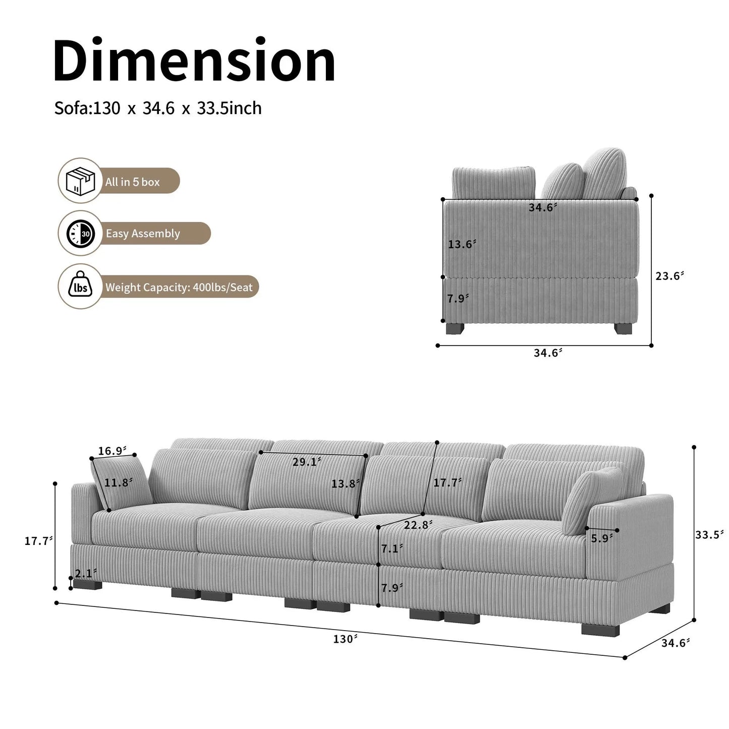 Corduroy Modular Sectional Sofa Cloud Couch 2 To 4 Seater