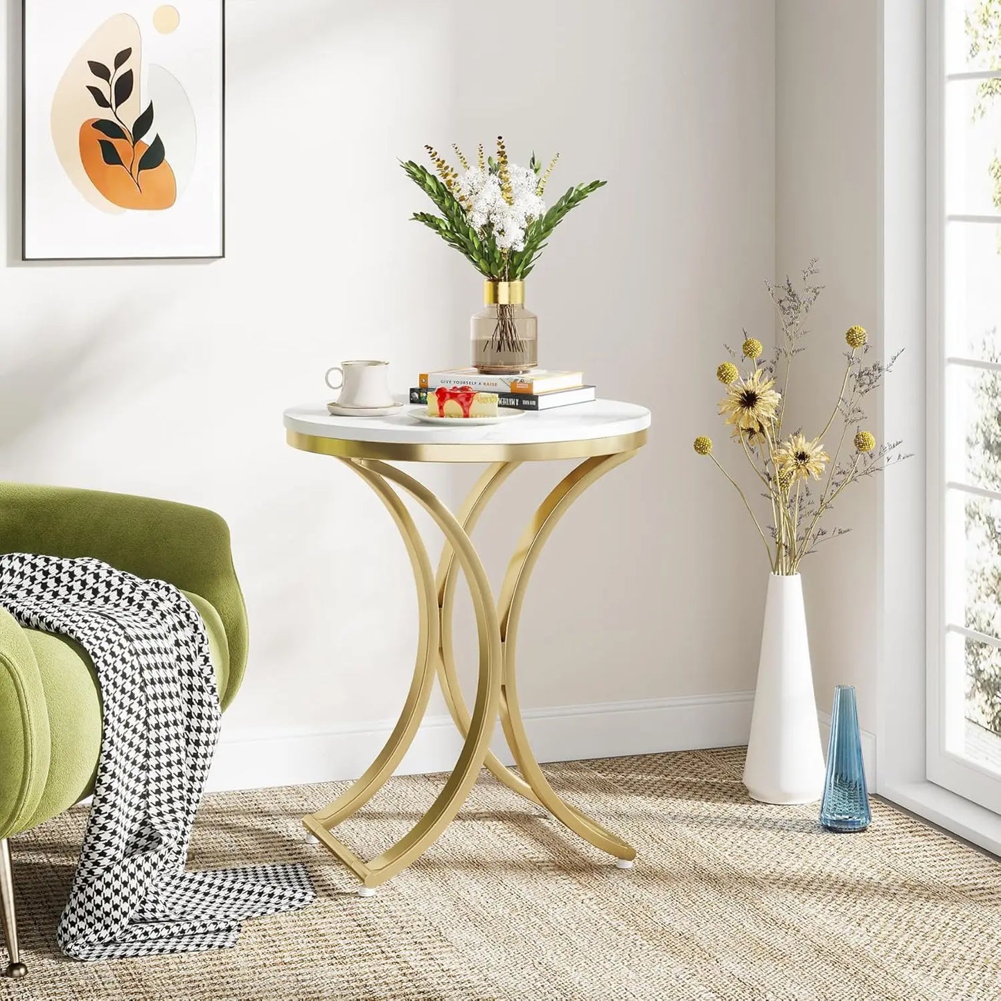 Small Round Sofa Side Table Modern Faux Marble White Gold