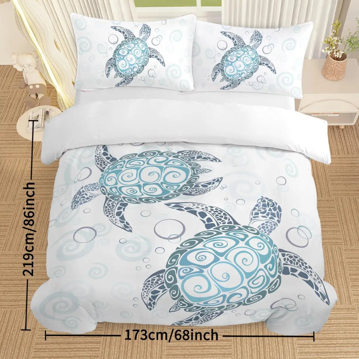 Aqua Teal Sea Bedding Set - 3-Piece Twin Duvet Cover with Pillowcases - Ocean Beach Theme