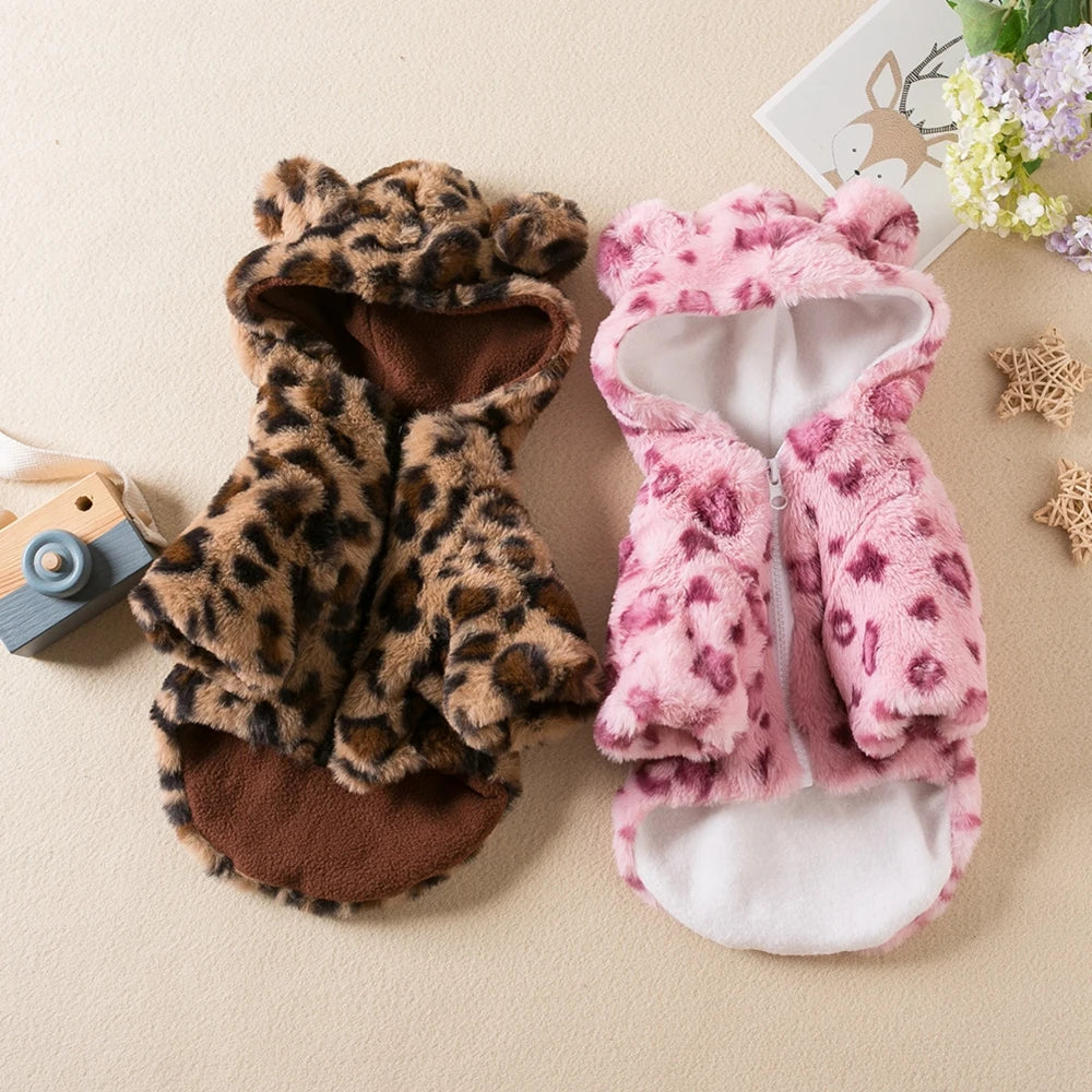 Winter Leopard Fleece Dog Hoodie Coat For Small Medium Dogs