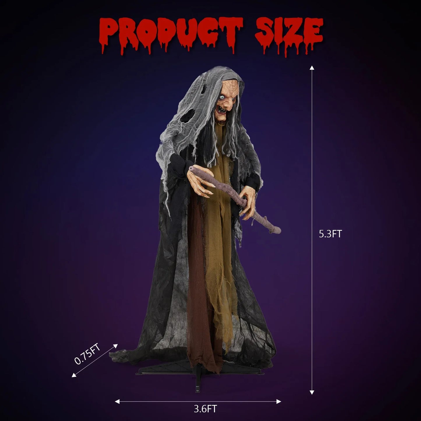 5.3ft Halloween Animated Witch With Cane Haunted House Prop