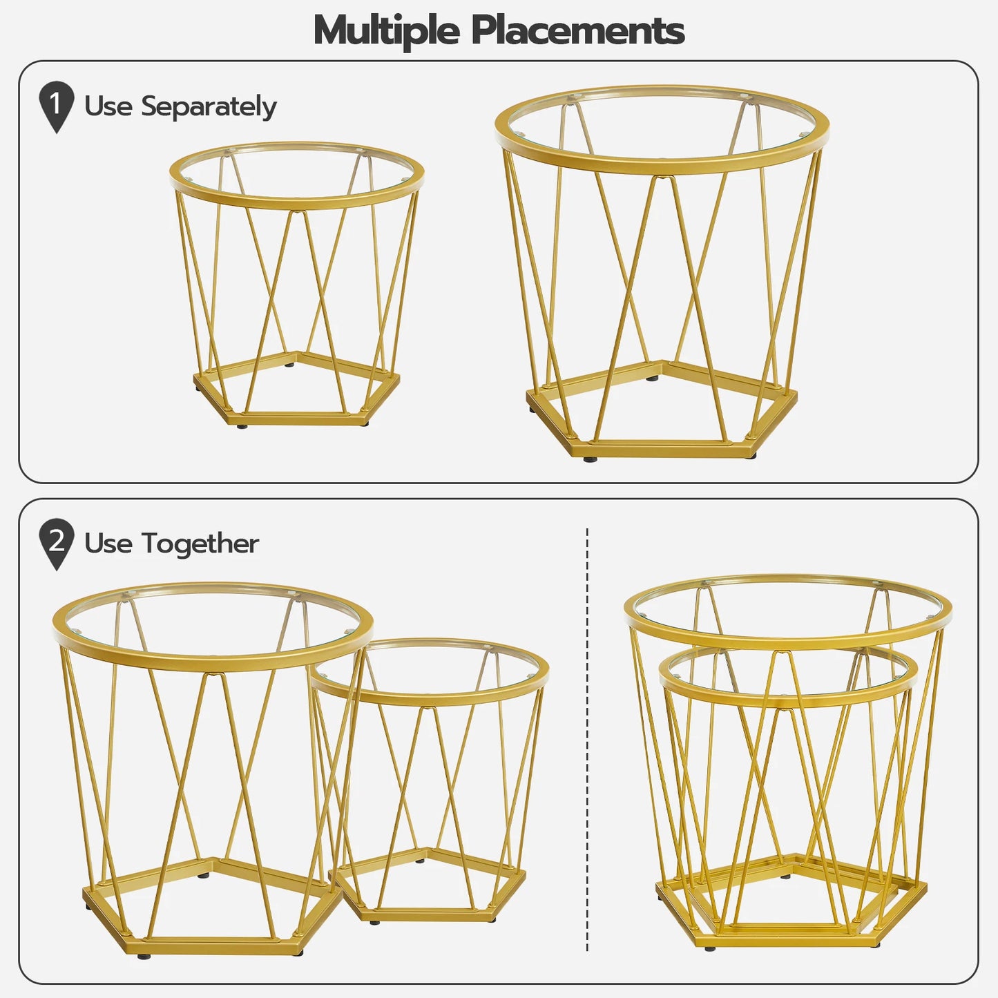 HOOBRO Round Glass Top Coffee Tables Set Of 2 Gold Frame