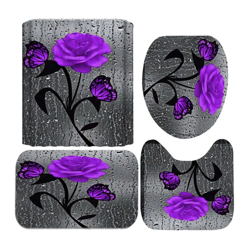 4 Piece Doormat Shower Curtain Rugs Non Slip Seat Cover