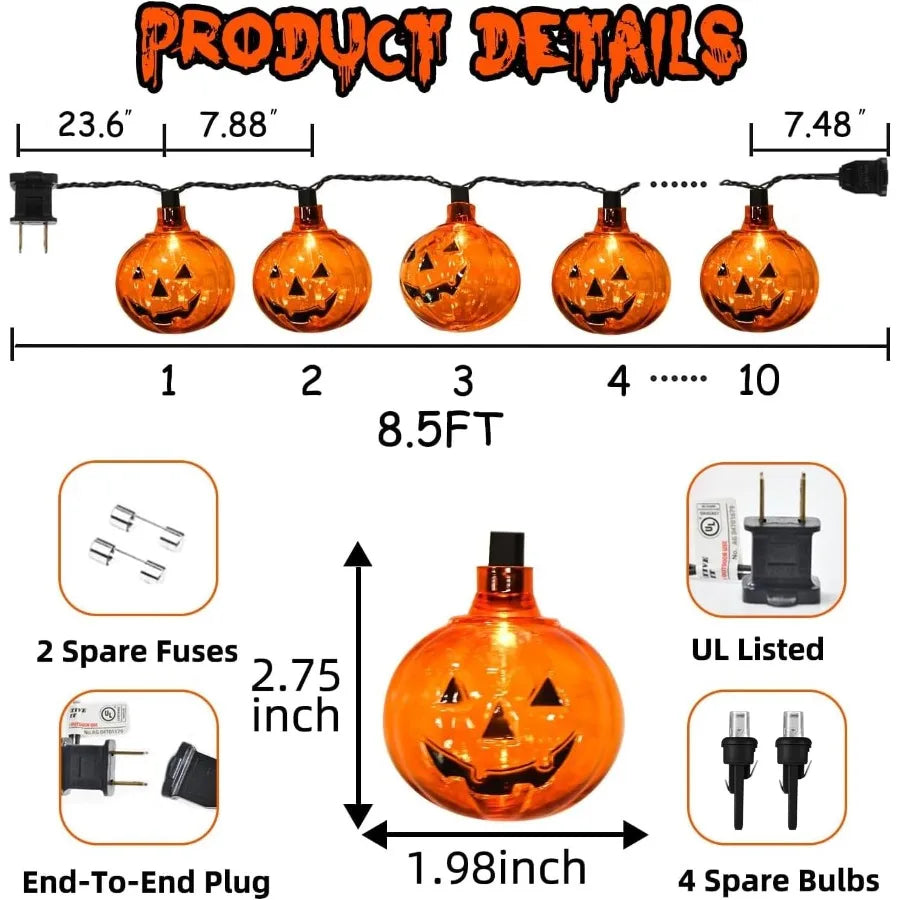Halloween Pumpkin String Lights 8.5ft Clear Orange 10Pcs