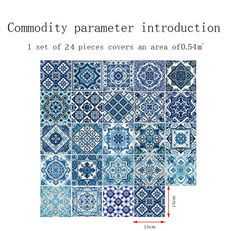 24PCS Moroccan Style Tile Sticker Traditional DIY Murals Tile Waterproof Oil Proof Removable Decals Bathroom Kitchen Backsplash