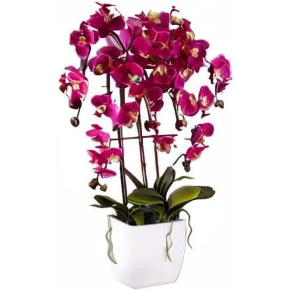 Potted Silk Faux Artificial Flowers Arrangements Realistic Purple Fuchsia Orchid in White Ceramic Pot for Home Decoration Living