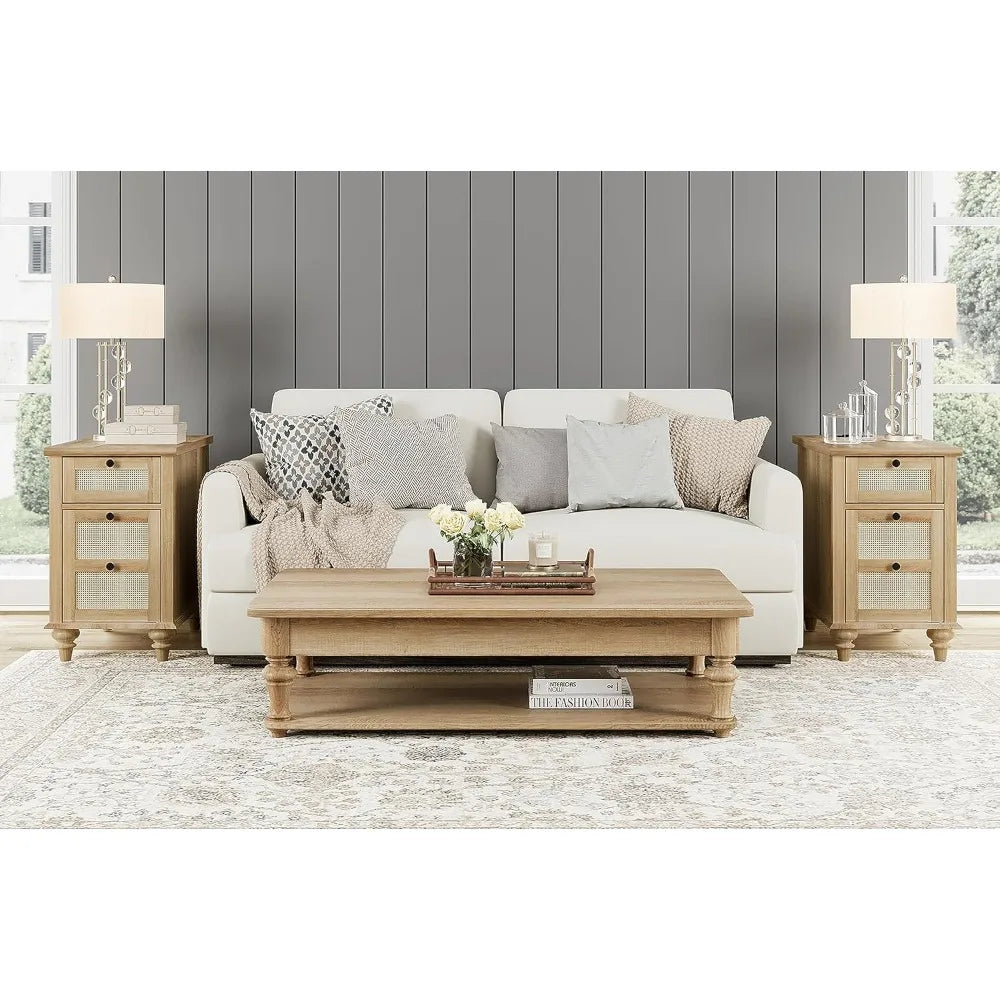 Duo Pack Charging End Tables With Storage Rattan Nightstand