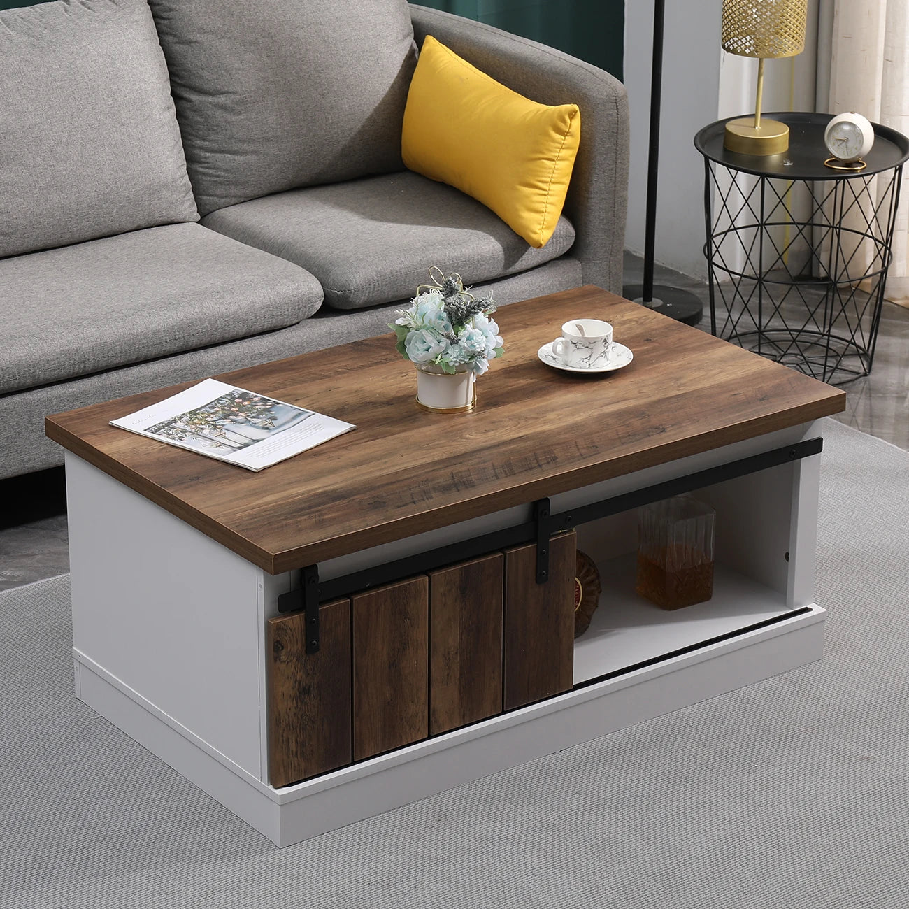 Farmhouse Coffee Table With Storage And Sliding Barn Doors
