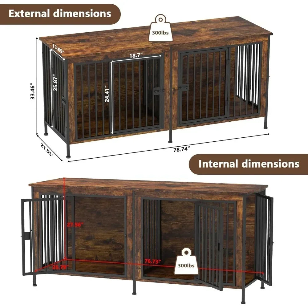 78 Inch Dog Cage Furniture for Two Dogs Extra Large Double Dog Crate for Large Breeds