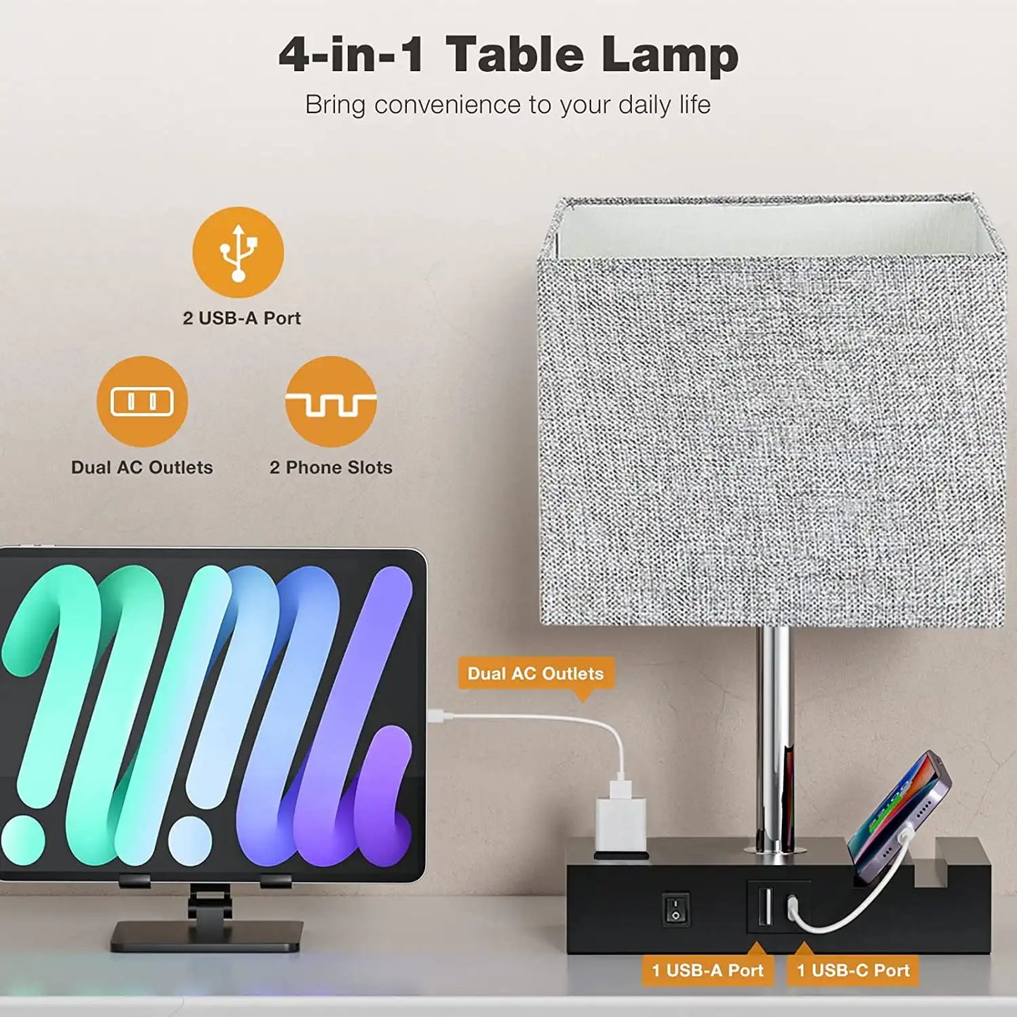 Bedside Table Lamp With AC Outlet USB Ports 3 Way Dimmable