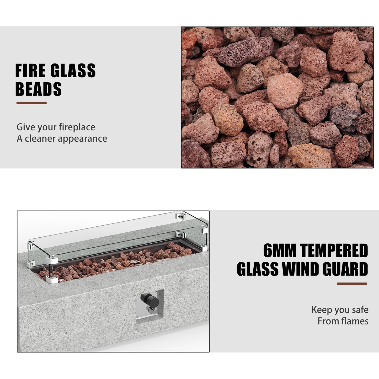 56-inch x 28-inch Gray Fire PitOutdoor Propane Fire Table Set, Rectangle Concrete (50,000 BTU) w 20lb Tank Table, Wind Guard