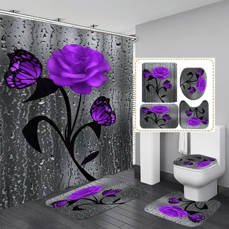 4 Piece Doormat Shower Curtain Rugs Non Slip Seat Cover