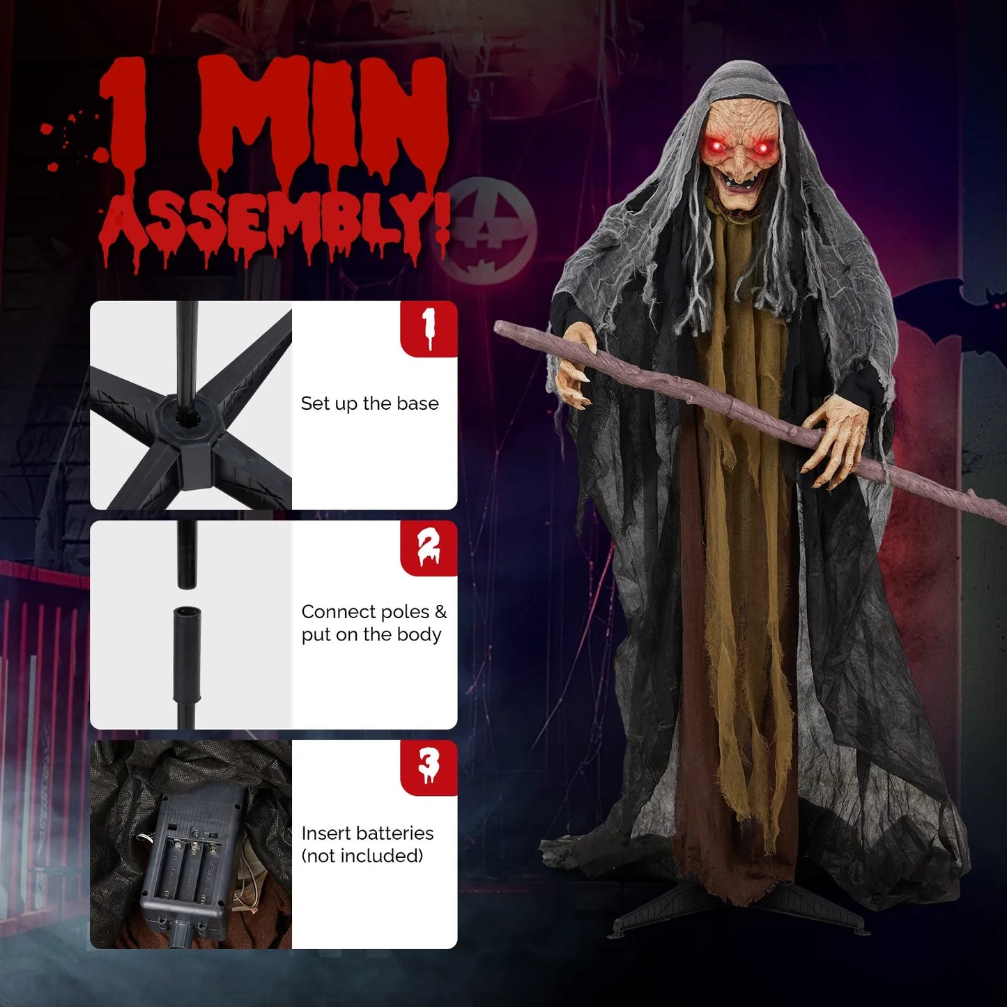 5.3ft Halloween Animated Witch With Cane Haunted House Prop
