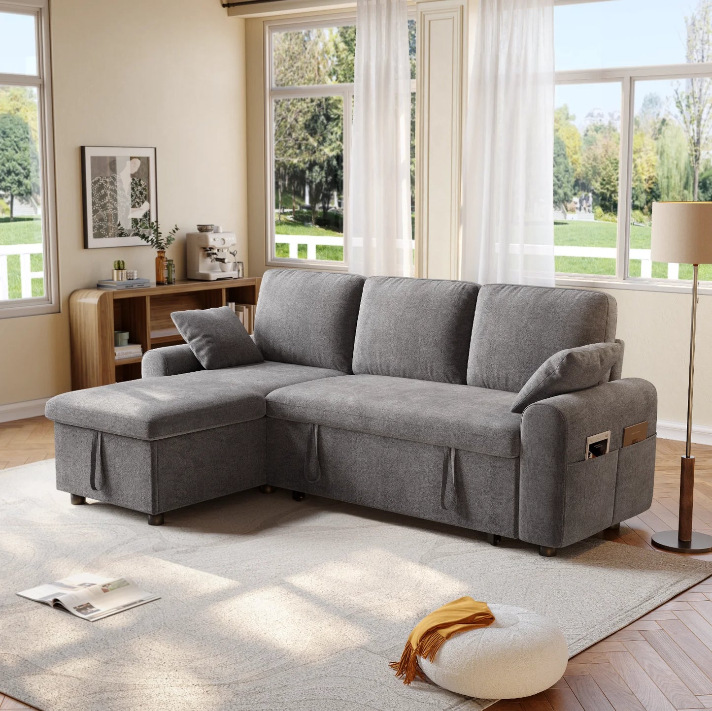 L Shaped Sleeper Sofa 85In Pullout Bed With Storage Chaise