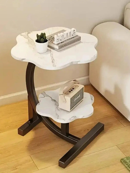 Elegant C Shaped Two Layer Flower Side Table Marble Texture