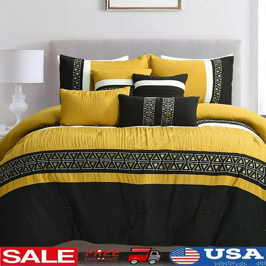 Luxurious 7 Piece Yellow Embroidered Queen Bedding Set