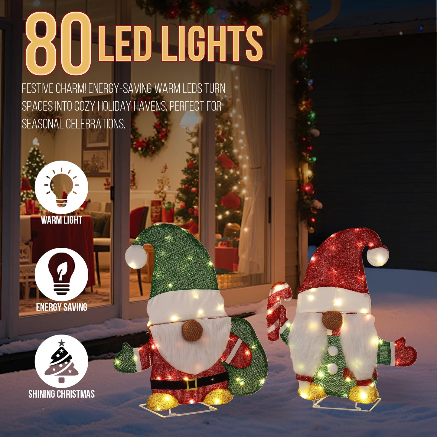 Set Of 2 Lighted Gnome And Candy Cane Christmas Decorations 80 Warm White LEDs