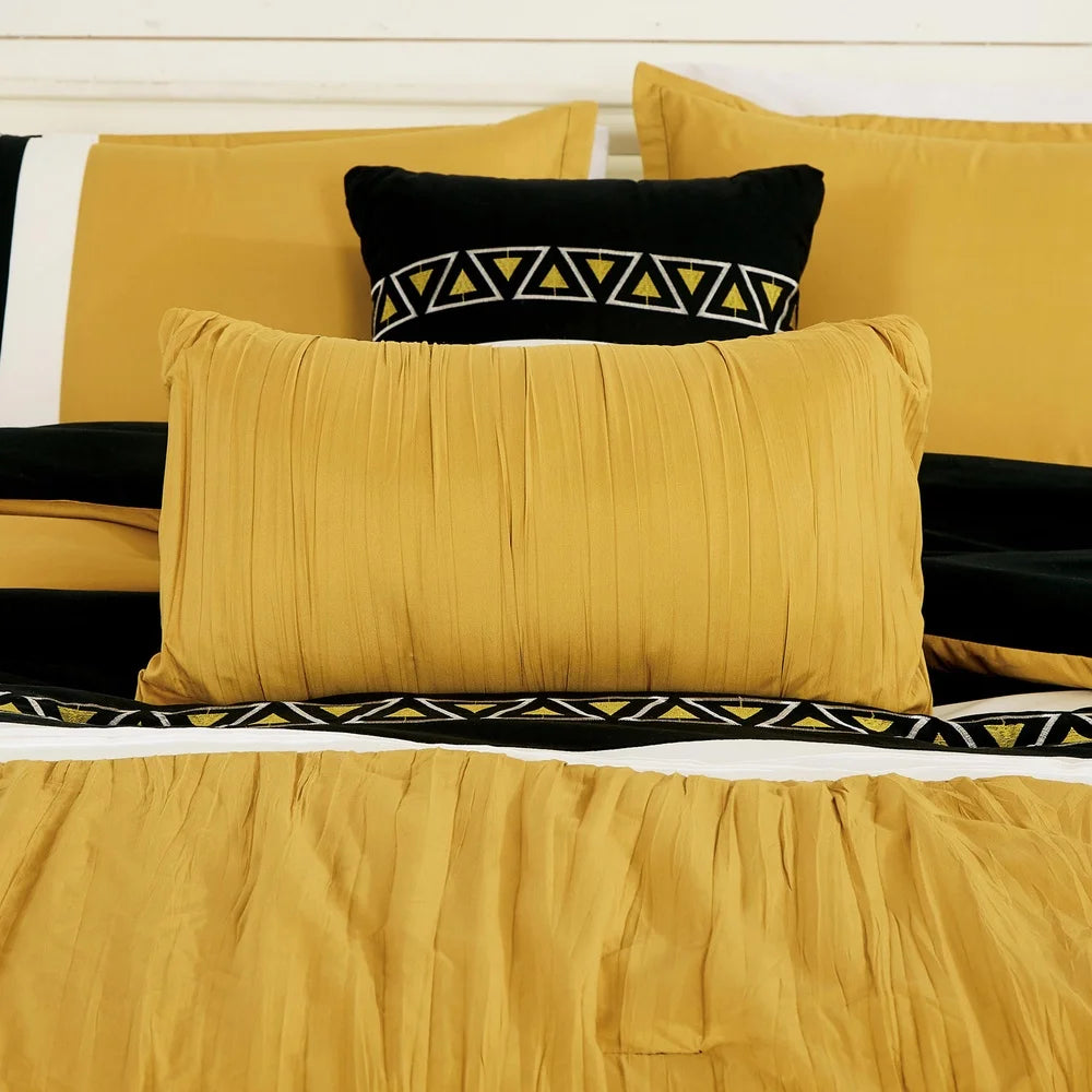 Luxurious 7 Piece Yellow Embroidered Queen Bedding Set