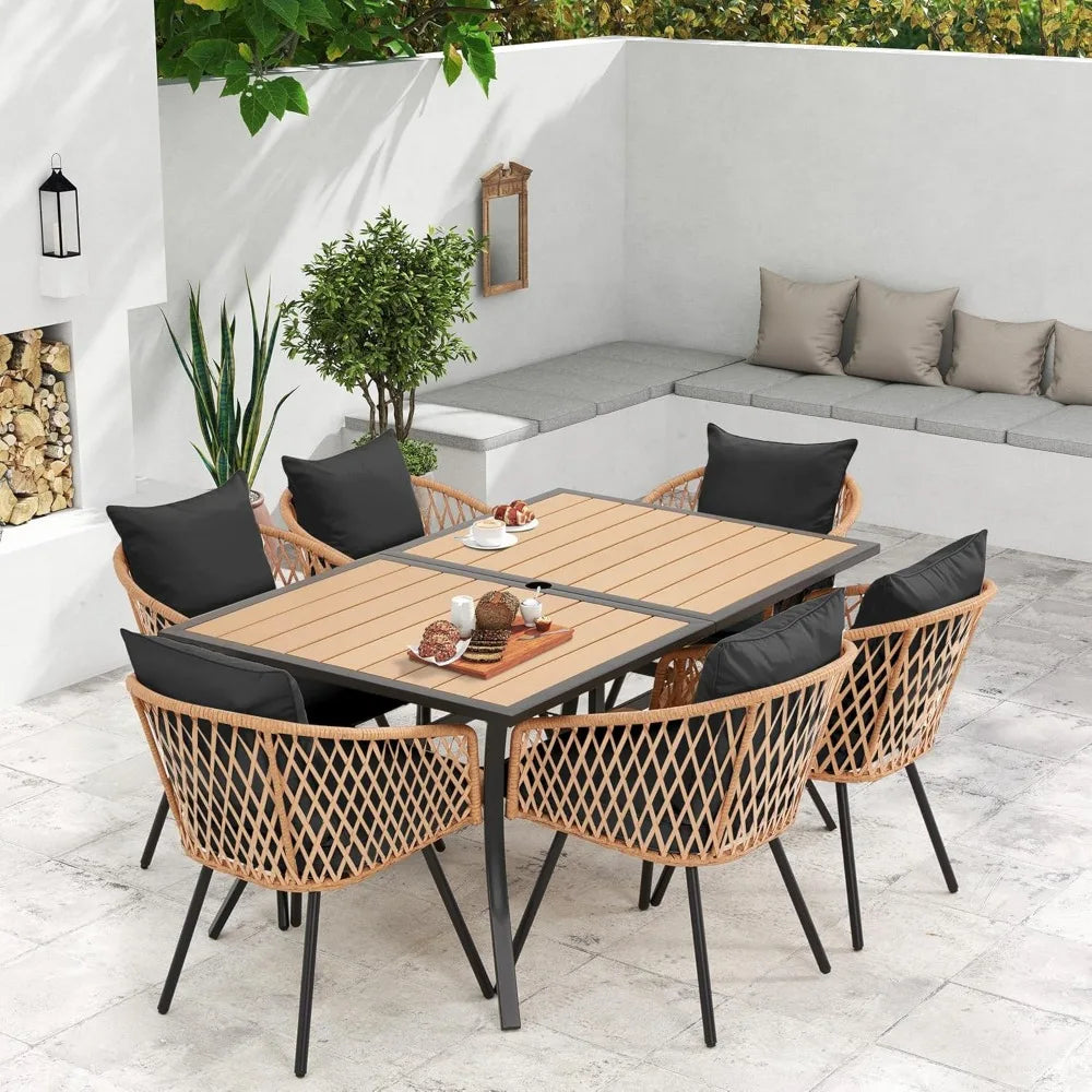7-Piece All-Weather Rattan Patio Dining Set with 60" Wood Table Top, Removable Cushions & Umbrella Hole - Outdoor Furniture Set