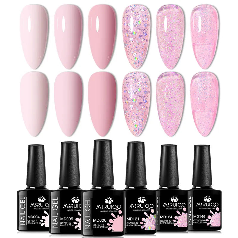 6Pc Gel Nail Polish Set Nude Pink Red Glitter Soak Vernis