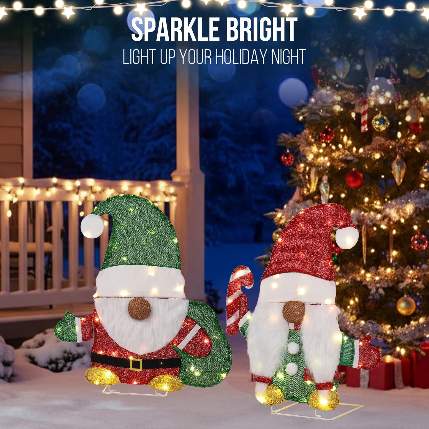 Set Of 2 Lighted Gnome And Candy Cane Christmas Decorations 80 Warm White LEDs