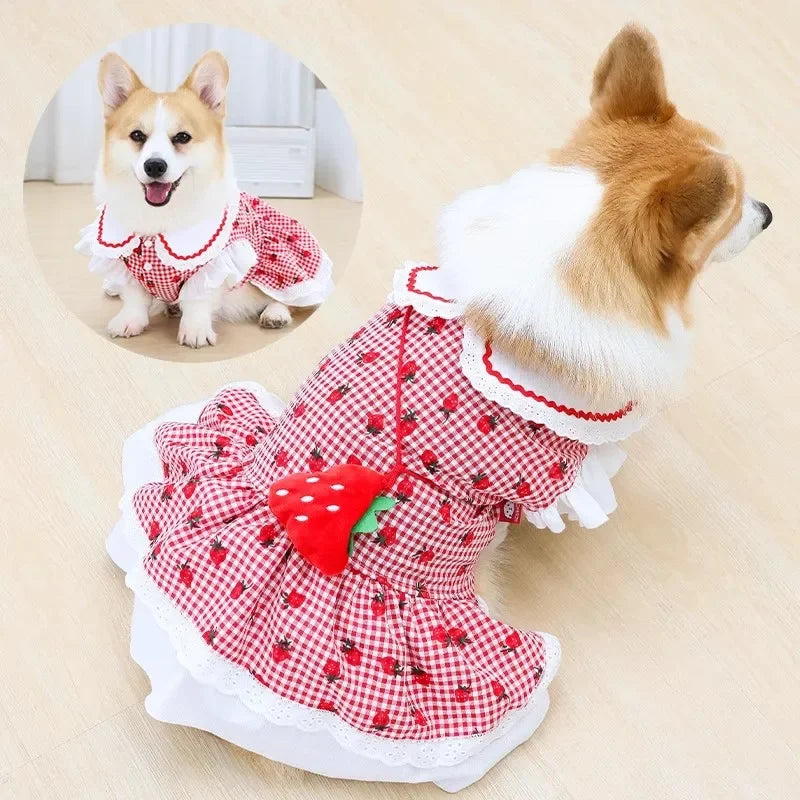 Strawberry Dress For Dogs Cotton Summer Plaid Pet Apparel