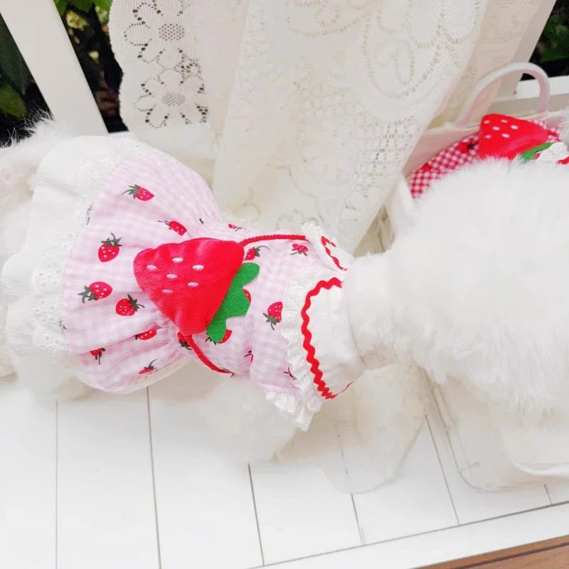 Strawberry Dress For Dogs Cotton Summer Plaid Pet Apparel